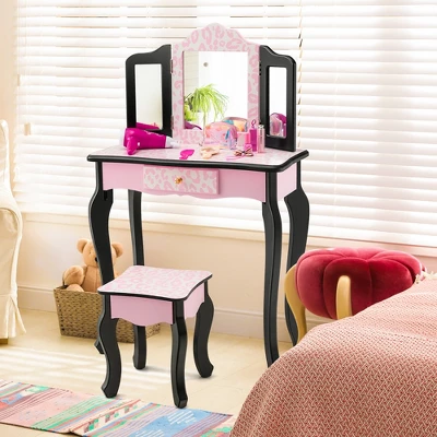 Costway Kid Vanity Set Wooden Makeup Table Stool Tri-Folding Mirror Leopard Print Pink 1 Costway Kid Vanity Set Wooden Makeup Table Stool Tri-Folding Mirror Leopard Print Pink