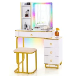 Costway Vanity Table Set With RGB LED Lights Crystal Crush Diamond Mirror Drawers Black/White -Umbra Home Decor Shop GUEST 689c1d01 bb0d 411d 9cea f6256735b272
