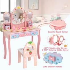 Costway Kids Vanity Princess Makeup Dressing Table Chair Set W/ Tri-fold Mirror Pink -Umbra Home Decor Shop GUEST 6c6e5203 8577 4ba8 a462 5f1baaefc94a