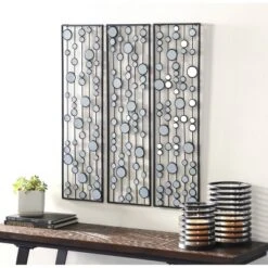 Metal Geometric Wall Decor With Round Mirror Accents Set Of 3 Black - Olivia & May