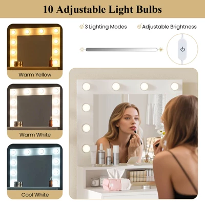 Costway Vanity Desk With Mirror And Lights With 3 Light Modes & Adjustable Brightness White 5 Costway Vanity Desk With Mirror And Lights With 3 Light Modes & Adjustable Brightness White - Image 5