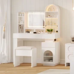 Arched Vanity Desk With Mirror And Lights, Makeup Vanity Table With 3 Drawers And 11 Storage Shelves, Large Dressing Table With Outlet -Umbra Home Decor Shop GUEST 762d1347 e545 443d b020 81f8e9c81ce1