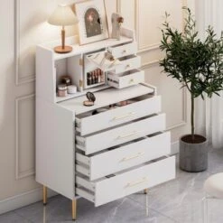 Vanity Makeup Table With Mirror, Storage Dresser With 7 Drawers-ModernLuxe