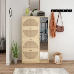 Ari 63.9" H Modern Space-Saving Shoe Rack Storage Cabinet With Rattan And Mirror Doors For 24 Pairs And 4 Flip Down Drawers -Maison Boucle -Umbra Home Decor Shop GUEST 7edbb9cf c44c 40f6 9851 0951440d637c