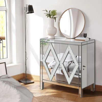 Buck 31.5" W 2 Mirror Trim And Diamond Shape Design Multi-functional Retro Entryway Storage Cabinet With 1 Adjustable Inner Shelf-Maison Boucle 2 Buck 31.5" W 2 Mirror Trim And Diamond Shape Design Multi-functional Retro Entryway Storage Cabinet With 1 Adjustable Inner Shelf-Maison Boucle - Image 2