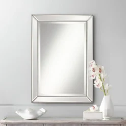 Uttermost Roseau Rectangular Vanity Wall Mirror Modern Beveled Silver Pewter Beaded Border Frame 24" Wide Bathroom Bedroom Living Room House Entryway