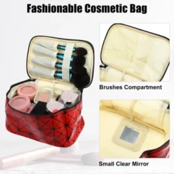Unique Bargains Rhombus Pattern Red Makeup Bag With Mirror Cosmetic Travel Bag For Women 1 Pcs