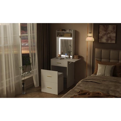 DOMETOUR Small Vanity Desk With Mirror, Light, Charging Station & Hidden Stool, Compact Makeup Vanity Set For Small Space, White 8 DOMETOUR Small Vanity Desk With Mirror, Light, Charging Station & Hidden Stool, Compact Makeup Vanity Set For Small Space, White - Image 8