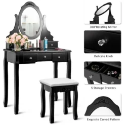 Costway Vanity Jewelry Wooden Makeup Dressing Table Set W/Stool Mirror & 5 Drawers Black -Umbra Home Decor Shop GUEST 861f2994 2d03 49e1 8873 9b49630ba6b1