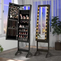 Tangkula Jewelry Armoire Cabinet Standing Lockable Jewelry Organizer With Lighted Full-Length Mirror Black/Rustic Brown/White -Umbra Home Decor Shop GUEST 86ce8687 aba1 41a7 b7de d12caeede512