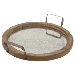 14" Round Rustic Wooden Tray With Distressed Mirror Brown - Stonebriar Collection