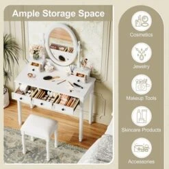 TOBILI Vanity Desk With Adjustable Angle Mirror, Vintage Vanity Makeup Table And Cushioned Stool Set Lining 5 Drawers,Wooden Dressing Table Set,White -Umbra Home Decor Shop GUEST 8811e939 5658 4b92 a1aa 415482f348c6