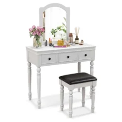 Costway Vanity Table Set Makeup Desk Cushioned Stool 3 Drawer Large Mirror White/Walnut -Umbra Home Decor Shop GUEST 8821c51e e8e4 420a 9c14 c4e33c188562