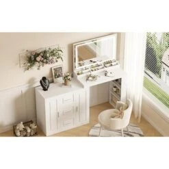 TOBILI 59" Makeup Vanity Desk With Mirror, Vanity Mirror With Lights, Dressing Table With 3 Drawers And 2 Cabinets, White -Umbra Home Decor Shop GUEST 88aee6a4 1c93 4a20 906d dce112a7eaf5