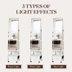 Jewelry Organizer Cabinet With Full-Length Mirror,360° Rotating Vanity Mirror,Large Jewelry Armoire With Led& Shelves