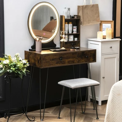 Costway Vanity Table Set Lighted Mirror Storage Drawer Shelf Cushion Stool 2 Costway Vanity Table Set Lighted Mirror Storage Drawer Shelf Cushion Stool - Image 2