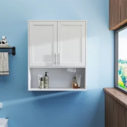 OUTSUPPLY Bathroom Mirror Cabinet, Two Door Wall Cabinet Bathroom Vanity Mirror Cabinet With Facial Tissues Slot And Multifunctional Storage Area