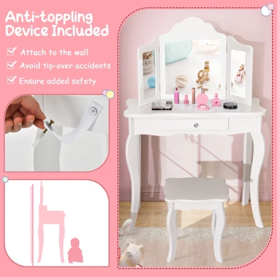 Costway Kid Vanity Table Set With Tri-folding Mirror 2-in-1 Makeup Dressing Table Stool Set 8 Costway Kid Vanity Table Set With Tri-folding Mirror 2-in-1 Makeup Dressing Table Stool Set - Image 8