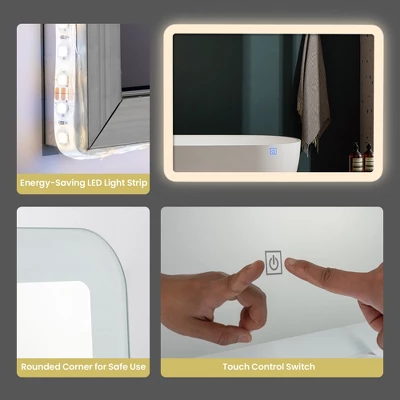 Costway Wall Mounted Rectangle Bathroom LED Mirror Dimmable Touch 3-Color Frameless 8 Costway Wall Mounted Rectangle Bathroom LED Mirror Dimmable Touch 3-Color Frameless - Image 8