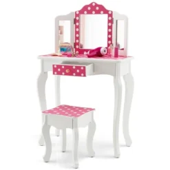 Costway Kid Vanity Set Wooden Makeup Table Stool Tri-Folding Mirror Polka Dot Print Pink -Umbra Home Decor Shop GUEST 95e7fe05 7631 41ca 84b4 e1b451680738