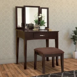 Wooden Vanity Table With 3 Panel Mirror And Padded Stool Brown - Benzara -Umbra Home Decor Shop GUEST 9619d486 9469 49f5 901a a7a4f84b9d76