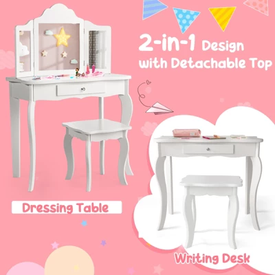 Costway Kid Vanity Table Set With Tri-folding Mirror 2-in-1 Makeup Dressing Table Stool Set 6 Costway Kid Vanity Table Set With Tri-folding Mirror 2-in-1 Makeup Dressing Table Stool Set - Image 6