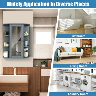 Costway Bathroom Cabinet Medicine Cabinet Single Door Shelves Wall Mount Cabinet W/ Mirror Gray 4 Costway Bathroom Cabinet Medicine Cabinet Single Door Shelves Wall Mount Cabinet W/ Mirror Gray - Image 4