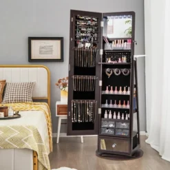 Tangkula 360° Swivel Jewelry Cabinet W/ Mirror Jewelry Storage Organizer Built-in Lights Dark Brown