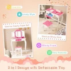 Costway Kid Vanity Set Wooden Makeup Table Stool Tri-Folding Mirror Polka Dot Print Pink -Umbra Home Decor Shop GUEST 9918f93e b07d 468a 88e8 ba911013edd6
