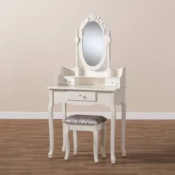 2pc Veronique White Finished Wood Vanity Table With Mirror And Ottoman White - Baxton Studio -Umbra Home Decor Shop GUEST 9de0152d 3774 4a54 9546 3c1b96daaf3d