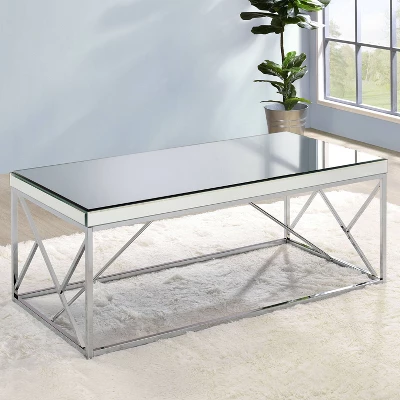 Evelyn Mirror Top Cocktail Table Chrome - Steve Silver Co.: Geometric Iron Base, Rectangle Shape 1 Evelyn Mirror Top Cocktail Table Chrome - Steve Silver Co.: Geometric Iron Base, Rectangle Shape