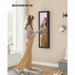 SONGMICS 6 LEDs Mirror Jewelry Cabinet, 47.2-Inch Tall Wall/Door Mounted Jewelry Armoire Organizer