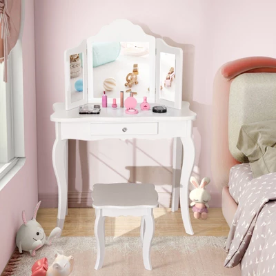 Costway Kid Vanity Table Set With Tri-folding Mirror 2-in-1 Makeup Dressing Table Stool Set 2 Costway Kid Vanity Table Set With Tri-folding Mirror 2-in-1 Makeup Dressing Table Stool Set - Image 2