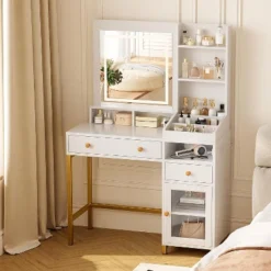 Makeup Vanity Desk With 3 Color Led Light, Makeup Vanity With Large Mirror And Power Outlet, Dressing Table With 2 Drawers White 55.9"H