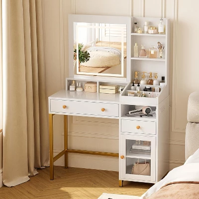 Makeup Vanity Desk With 3 Color Led Light, Makeup Vanity With Large Mirror And Power Outlet, Dressing Table With 2 Drawers White 55.9"H 1 Makeup Vanity Desk With 3 Color Led Light, Makeup Vanity With Large Mirror And Power Outlet, Dressing Table With 2 Drawers White 55.9"H