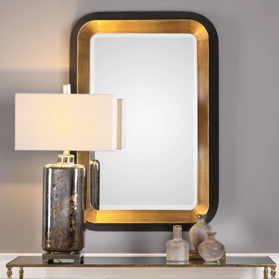 Uttermost Rectangular Vanity Decorative Wall Mirror Art Deco Antiqued Metallic Gold Distressed Black Frame 28" Wide For Bathroom 2 Uttermost Rectangular Vanity Decorative Wall Mirror Art Deco Antiqued Metallic Gold Distressed Black Frame 28" Wide For Bathroom - Image 2