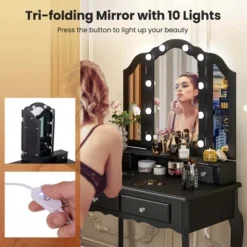 Costway Makeup Vanity Set With Tri-Fold Mirror & LED Lights 4 Drawers Open Shelf White/Black -Umbra Home Decor Shop GUEST aa5d7906 c1f5 4b2c b0b5 c62a53f54ad8