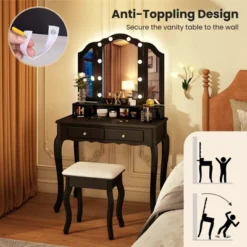 Costway Makeup Vanity Set With Tri-Fold Mirror & LED Lights 4 Drawers Open Shelf White/Black -Umbra Home Decor Shop GUEST aa8bc6c8 a0be 457e b8d8 a70ff606cb27