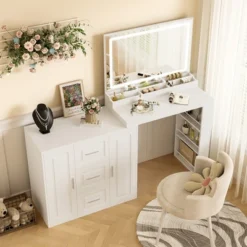 TOBILI 59" Makeup Vanity Desk With Mirror, Vanity Mirror With Lights, Dressing Table With 3 Drawers And 2 Cabinets, White