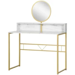 HOMCOM Modern Vanity Makeup Desk With Mirror, Dressing Table With Open Storage, Faux Marble Finish And Steel Frame For Bedroom, White And Gold -Umbra Home Decor Shop GUEST af3eadda f9b1 42c1 b174 b25d988c8247