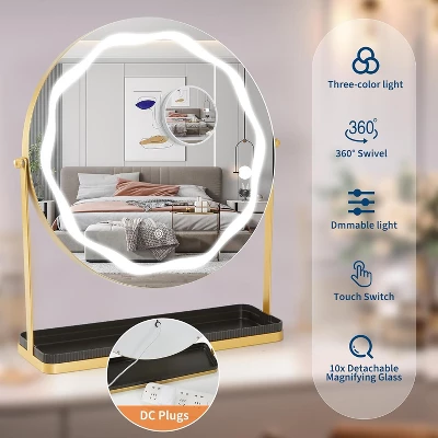 Garvee 19" Vanity Mirror With Smart Touch, 3-Color Dimmable, 360° Rotation, Storage Base, Removable 10X Magnifier, Round Gold Makeup Mirror 2 Garvee 19" Vanity Mirror With Smart Touch, 3-Color Dimmable, 360° Rotation, Storage Base, Removable 10X Magnifier, Round Gold Makeup Mirror - Image 2