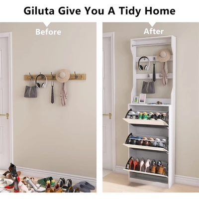 Slim Mirror Shoe Cabinet With 3 Flip Drawers, Hidden Shoe Cabinet With Coat Rack, Shoe Rack Organizer For Living Room Hallway Closet And Apartment 5 Slim Mirror Shoe Cabinet With 3 Flip Drawers, Hidden Shoe Cabinet With Coat Rack, Shoe Rack Organizer For Living Room Hallway Closet And Apartment - Image 5