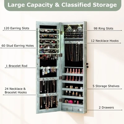 Tangkula Wall Or Door Mounted Jewelry Armoire With 47.5" Full Length Mirror Lockable Cabinet With 2 LED Lights 2 Drawers Over The Door Navy 2 Tangkula Wall Or Door Mounted Jewelry Armoire With 47.5" Full Length Mirror Lockable Cabinet With 2 LED Lights 2 Drawers Over The Door Navy - Image 2