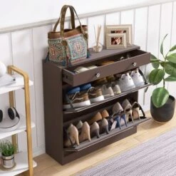 KTMBDW Shoe Cabinet For Entryway, Brown Narrow Shoe Storage Cabinet Flip Down Shoe Rack Wood 2 Tier Shoe Organizer For Home And Apartment, Mirror