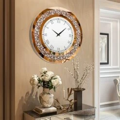 Round Mirror Wall Clock Crushed Diamond