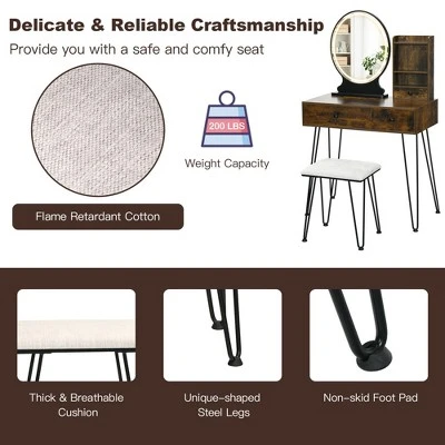 Costway Vanity Table Set Lighted Mirror Storage Drawer Shelf Cushion Stool 7 Costway Vanity Table Set Lighted Mirror Storage Drawer Shelf Cushion Stool - Image 7