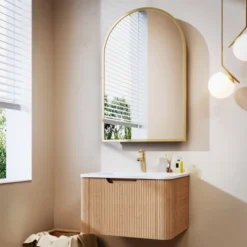 PexFix 24" Wall-Mounted Floating Bathroom Vanity With Cabinet Mirror Modern Curved Edge Storage Bathroom Cabinet In Walnut With Ceramic Basin