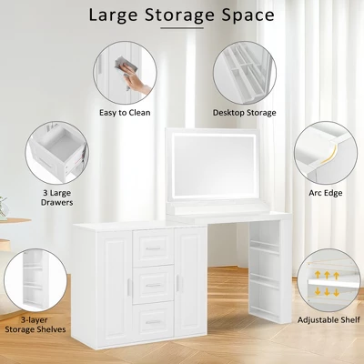 INFURNIC Dressers, Vanity Desk With Mirror And Adjustable Cabinet, Modern Makeup Table With 3 Drawers For Bedroom, White, 59.1"*15.4"*54.2" 4 INFURNIC Dressers, Vanity Desk With Mirror And Adjustable Cabinet, Modern Makeup Table With 3 Drawers For Bedroom, White, 59.1"*15.4"*54.2" - Image 4