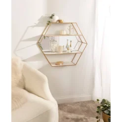 28" X 24" Lintz Hexagon Wall Mirror Shelves White/Gold - Kate & Laurel All Things Decor -Umbra Home Decor Shop GUEST c0609495 a439 4cfb b477 11b84b2c4b55