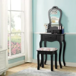 Tangkula Vanity Mirror Makeup Dressing Table Set W/ Stool Drawer Wood Desk